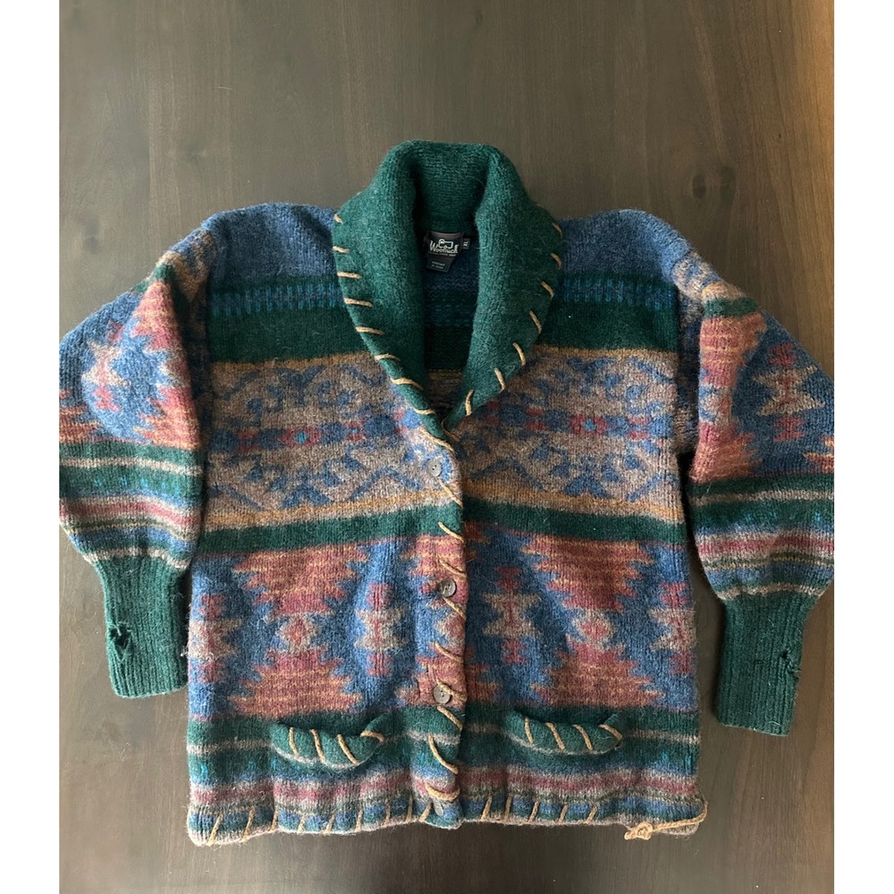 Vtg 90s Woolrich Handknit Wool Cardigan Southwest Aztec Distressed XL Unisex
